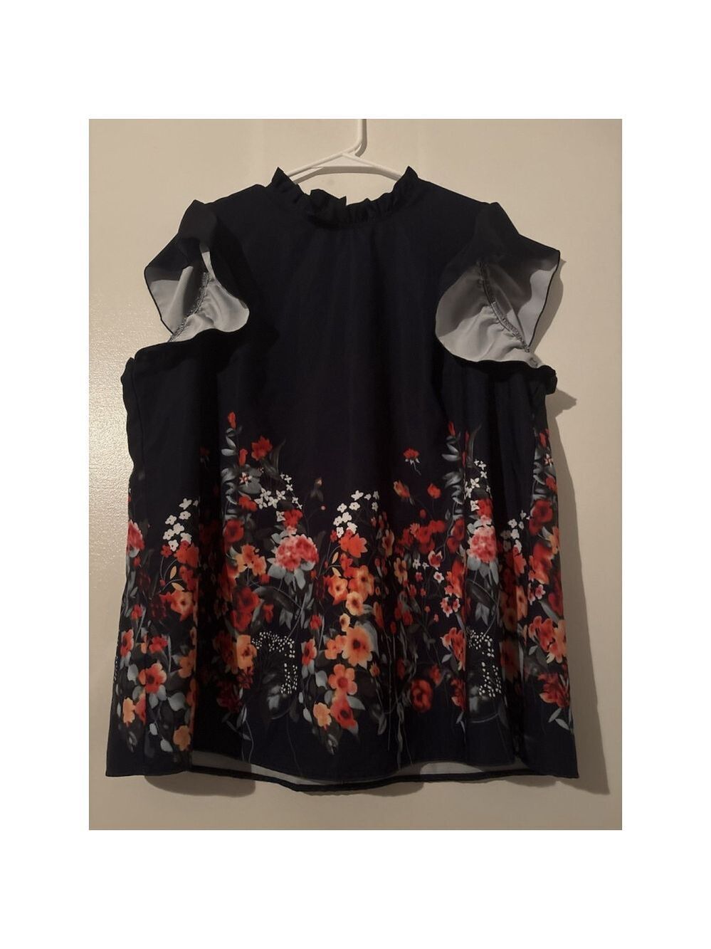 Boho Floral Blouse 1XL Plus Size Navy Blue Red Flowers Ruffle Neck Sleeveless